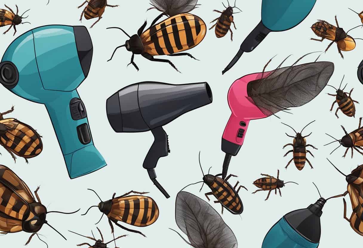A hair dryer blows hot air at cockroaches, scattering them away